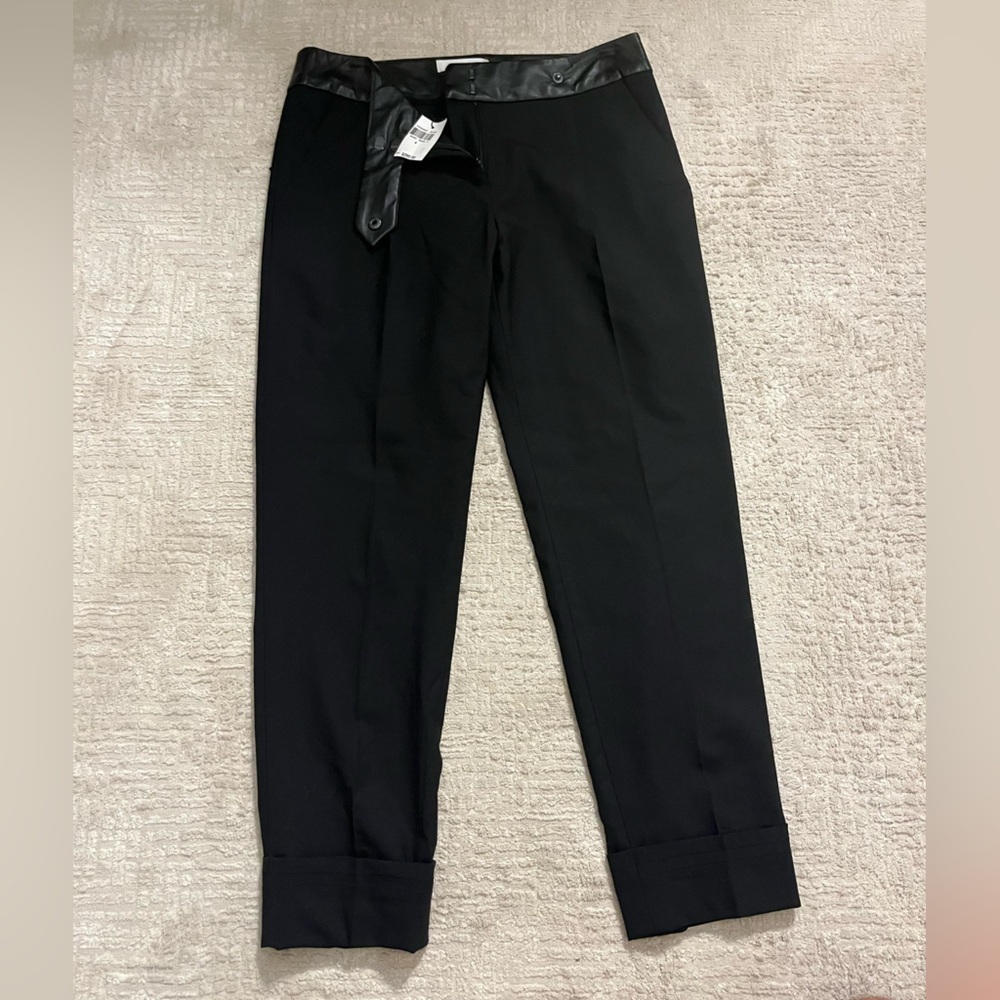 NWT Milly Pleated Wool Blend Cuffed Pant W/ Lamb Skim Leather Waistband Cuffed